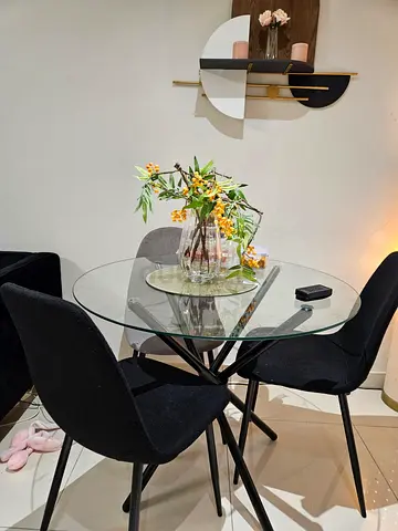 Round Glass Dining Table with 2 Black Fabric Chairs & 1 Gray - Compact Set