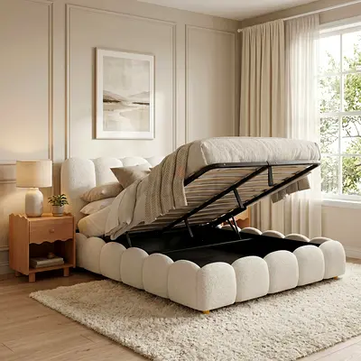 Curved silhouette double size hydraulic boucle bed