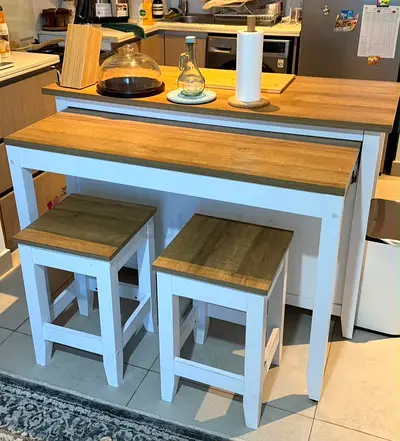 Wood top kitchen island with two matching stools - compact pull-out table new