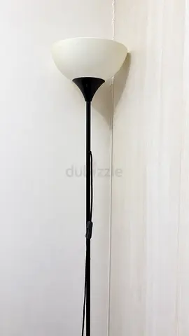 Black floor lamp with white bowl shade