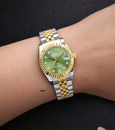 Two-tone Rolex-style Women's Watch with Green Diamond Dial