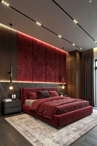 Modern Plush King Bed with Burgundy Upholstery and Headboard Paneling