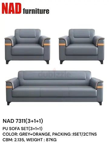 Grey 3-piece PU Sofa Set (3-seater + 2 x Armchairs) - NAD 7311