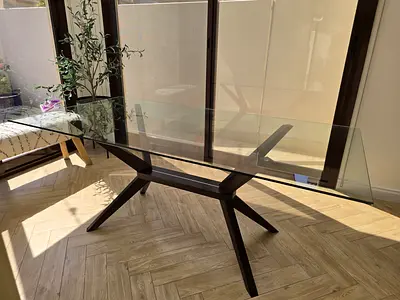 Glass Top Dining Table with Dark Wood Trestle Base - Excellent Condition