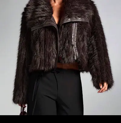 Short Dark Brown Faux Fur Jacket, Size Unknown