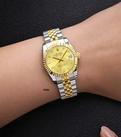 Rolex-style Two-Tone Ladies Watch with Gold Dial and Diamond Markers