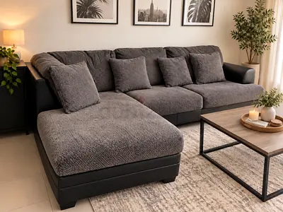 L-shaped 4-seater Sofa with Chaise - Grey Fabric Cushions, Black Base