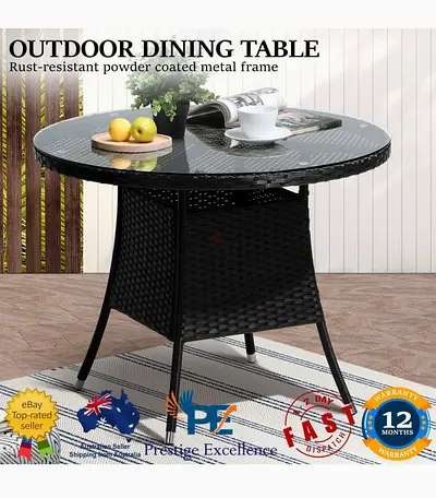Outdoor Round Wicker Dining Table with Glass Top - Seats 4