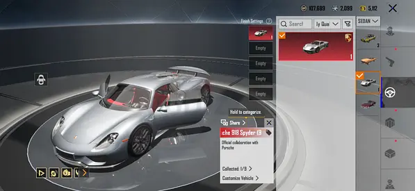 Pubg account with glacier combo and Porsche 918 Spyder car - in-game collectible (screenshot)
