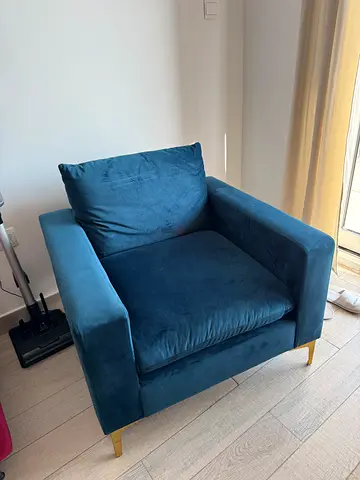 Blue Velvet Single Armchair with Gold Legs - Good Condition