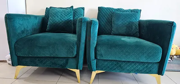 Pair of teal velvet single seater sofas with gold legs - excellent condition
