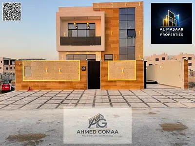 A luxurious villa featuring a majlis, a living area, and 4 master bedrooms, with a large courtyard and an expansive setback area in front of the villa