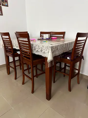 Solid Wood 6-Seater Dining Table with High Back Chairs - very Good Condition. hard wood 6 seater
