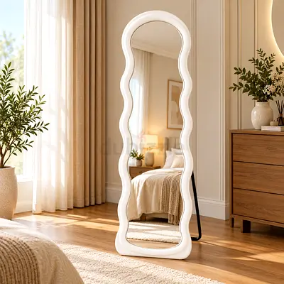 Modern White Full Length Standing Mirror – Luxury Wavy Floor Mirror with Iron Frame