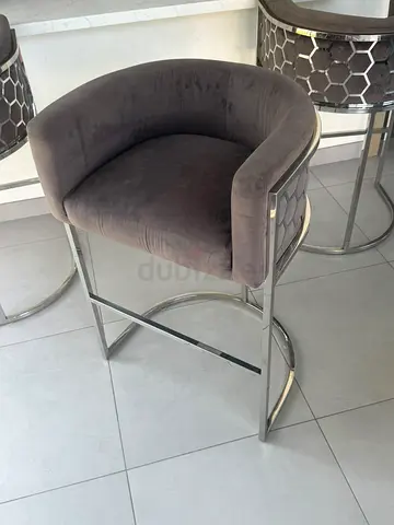 Set of 3 Modern Velvet Bar Stools with Chrome Frame - Grey