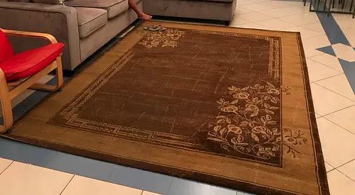 Large brown rectangular area rug with floral corner design — good condition