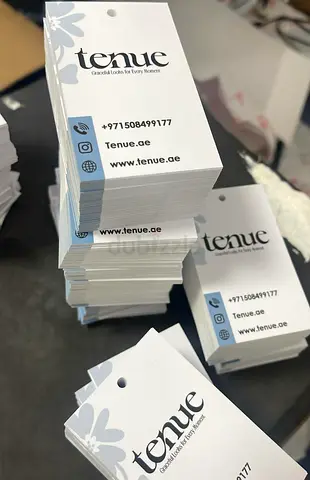 Stack of Custom Printed Clothing Hang Tags — Tenue branding (about 200 pcs)