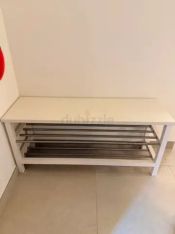 White wooden shoe rack with metal rails - compact storage