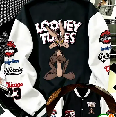 Looney Tunes Wile E. Coyote Varsity Jacket - Black & White, Size L