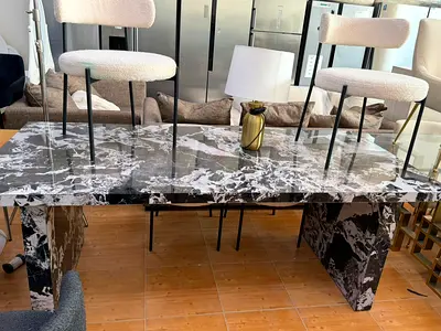 FOR SALE: Modern Marble Dining Table + Boucle Chairs Trending Black & White Marble Design! INCLUDE