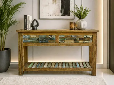 Solid Wood Reclaimed Console Table with Drawers and Shelf