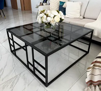 Modern Black Metal & Smoked Glass Coffee Table | Centre table