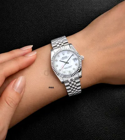 Ladies stainless steel Rolex-style wristwatch with diamond markers