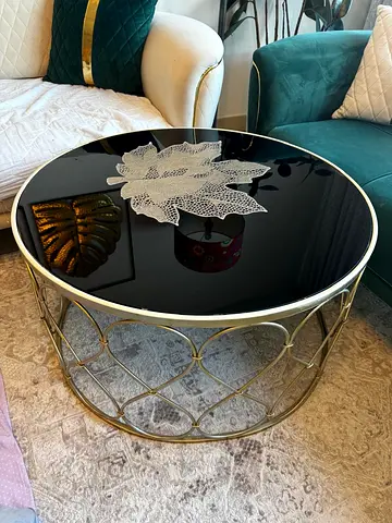 Round Gold Metal Coffee Table with Black Glass Top