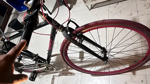 Single-speed/fixie style urban bike with pink rims, used