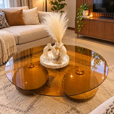 Round Amber Glass Coffee Table