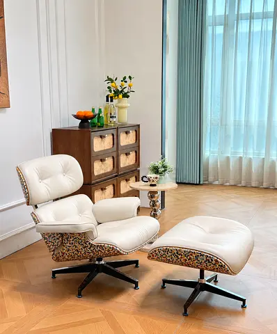 Eames-style Lounge Chair and Ottoman — Cream Leather & Wood Finish