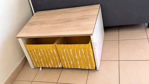 Small storage cabinet with 2 yellow bins