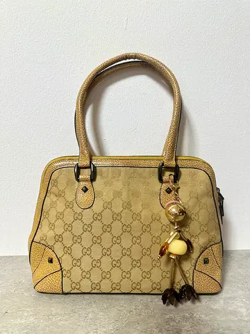 Beige Gucci-Style Monogram Canvas Top-Handle Bag with Charm