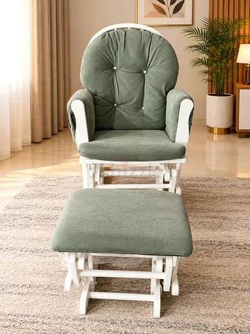 Wooden Glider Rocker Chair with Ottoman - Green Cushions