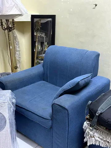 Blue 3- seater Sofa in Good Condition with two single seaters also includes one stool and tea table
