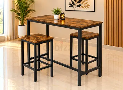 Wooden Bar Table with 2 Stools - Industrial Style