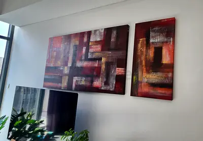 Set of 2 Abstract Modern Wall Paintings - Red/Burgundy Panels