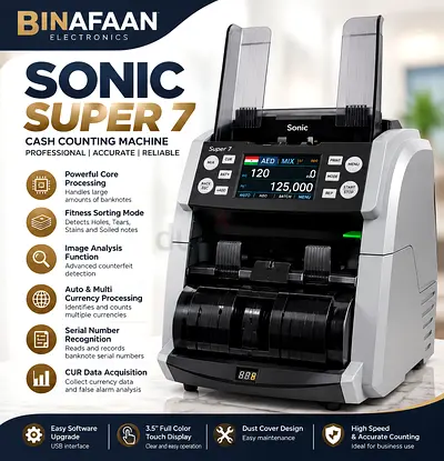Sonic Super 7 Cash Counting Machine - Professional, Multi-Currency, Counterfeit Detection