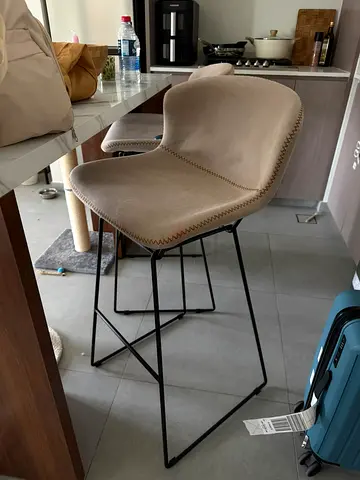 Pair of beige fabric 2 bar stools with metal frame - good condition