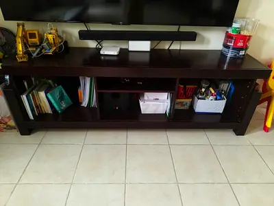 Dark Wood TV Entertainment Unit with Open Shelves — Good Condition