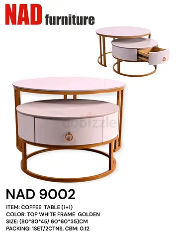 Modern Round Coffee Table with Gold Frame and White Top (NAD 9002) - Set of 2