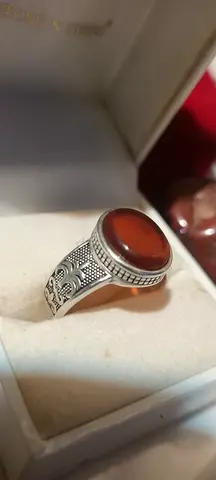 خاتم فضة حجر عقيق يمني احمر اصلي