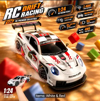 1:24 RC Drift Racing Car - White & Red, 2.4GHz 4WD
