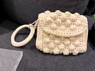 Handmade Crochet clutch Bag with Tag - Cream/Beige