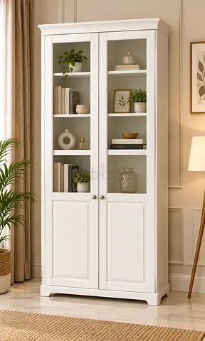 White Tall Display Cabinet with Glass Doors - 2-Door Bookcase