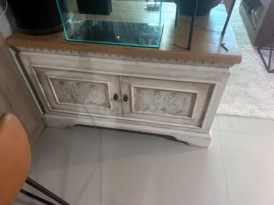White distressed wooden TV cabinet / low sideboard - good condition