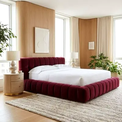 Modern Low-Profile Upholstered Bed Frame in Burgundy (Queen)