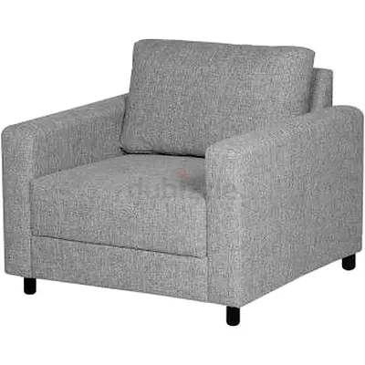 Single-seat grey fabric armchair — modern, sturdy and