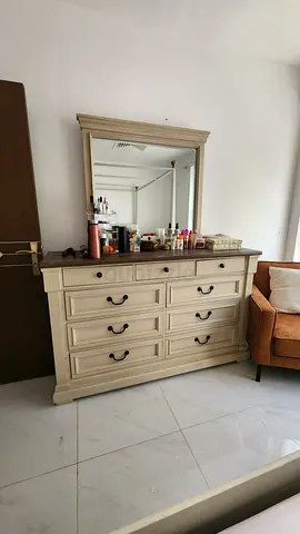 Wooden Dresser with Large Mirror - Cream Finish, 9 Drawers