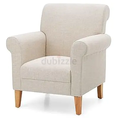 Beige Fabric Armchair with Wooden Legs